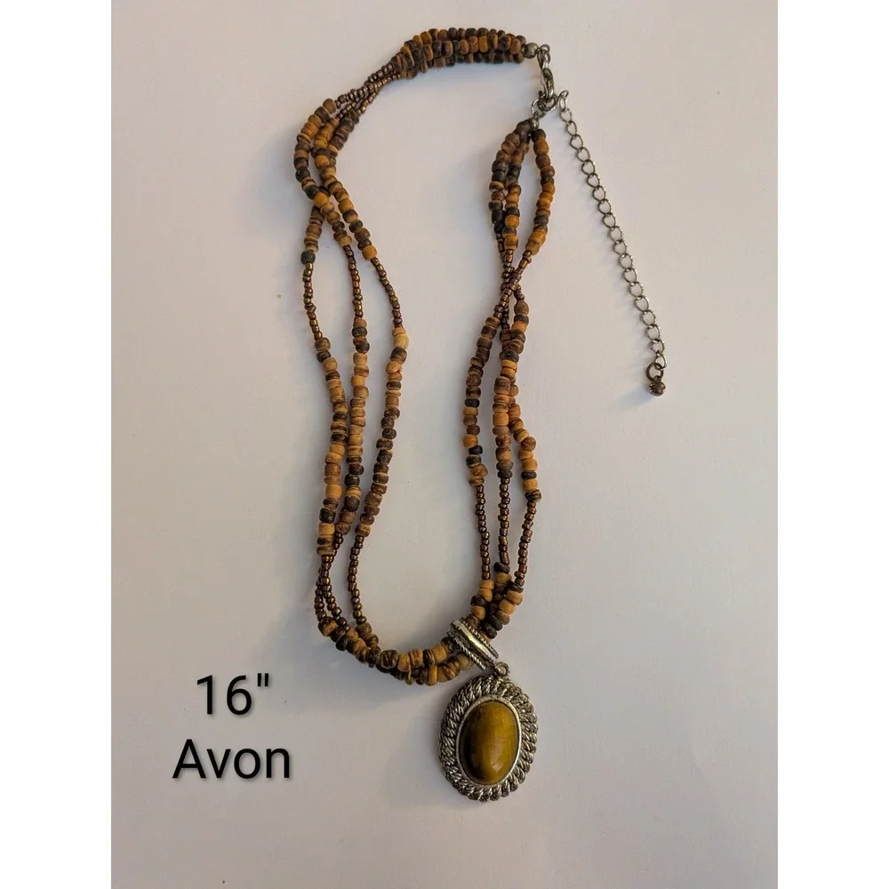 Avon Vintage Multi Strand Wood Seed Bead Necklace Tigers Eye Pendant Silver Tone